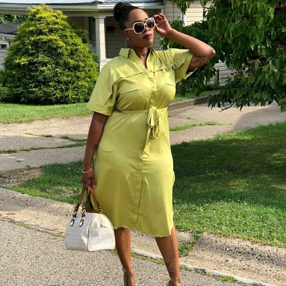 TEA & CUP LIME COLLAR BUTTON DOWN BELT TUNIC MAXI SHIRT LINEN DRESS - Picture 4 of 5